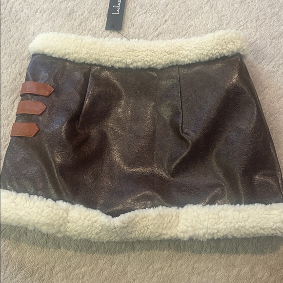 Brown Faux Leather Skirt with Shearling Trim - Picture 2 of 2
